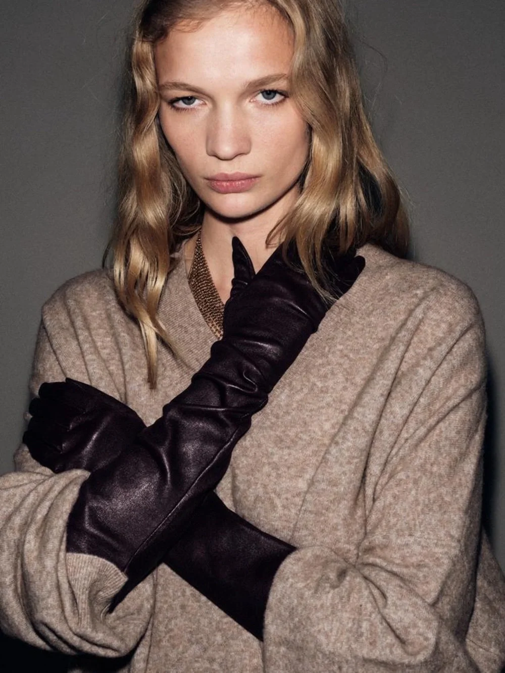 ZARA 100% LEATHER LONG GLOVES MAROON